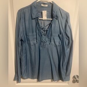 NWT Maurice’s Faux Medium Wash Denim Top, Deep Neck Line with Lace Up Detail, S
